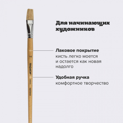 Кисть ПИФАГОР, ЩЕТИНА, плоская, № 14, деревянная лакированная ручка, пакет с подвесом, 200876