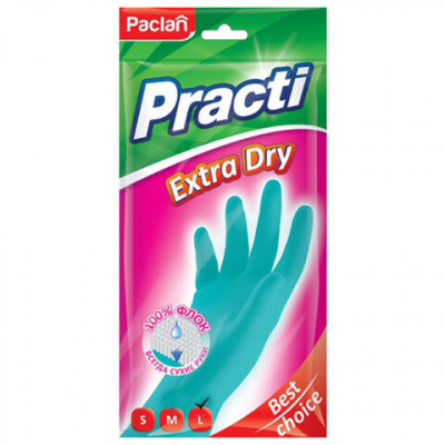 Перчатки МНОГОРАЗОВЫЕ резиновые PACLAN "Extra Dry", хлопчатобумажное напыление, 100% флок, размер 8,5-9, L (большой) синие, вес 54 г, 7350, 407351