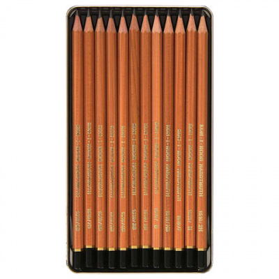 Карандаши чернографитные KOH-I-NOOR, НАБОР 12 шт., "Art", 8В-2H, без резинки, металлическая коробка, 1512N12001PL