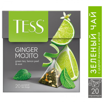 Чай TESS "Ginger Mojito" зеленый с ароматом мяты, цедрой лимона, имбирем, 20 пирамидок по 1,8 г, 0788-12
