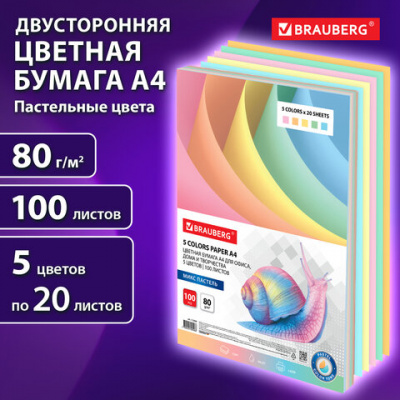 Бумага цветная BRAUBERG, А4, 80 г/м2, 100 л. (5 цветов х 20 листов), пастель, для офисной техники, 112460