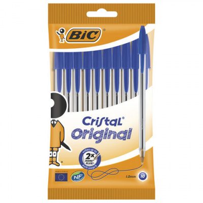 Ручки шариковые BIC "Cristal Original", НАБОР 10 шт., СИНИЕ, узел 1 мм, линия письма 0,32 мм, пакет, 830863