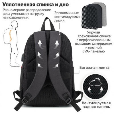 Рюкзак BRAUBERG URBAN универсальный, с отделением для ноутбука, USB-порт, "Energy", черный, 44х31х14 см, 270805
