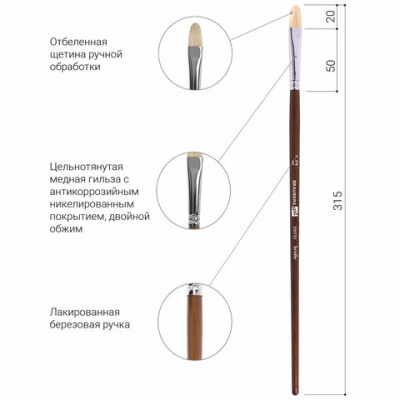 Кисть художественная профессиональная BRAUBERG ART CLASSIC, щетина, овальная, № 12, длинная ручка, 200732