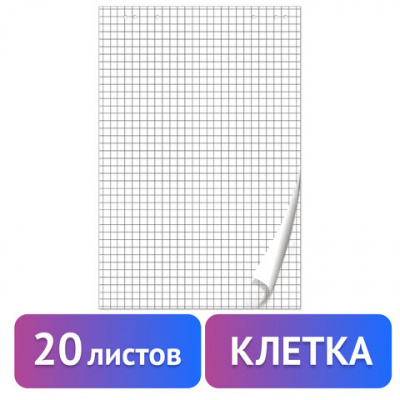 Блокнот для флипчарта ПЛОТНЫЙ 80 г/м2, BRAUBERG, 67,5х98 см, 20 листов, белый (КЛЕТКА), 128645