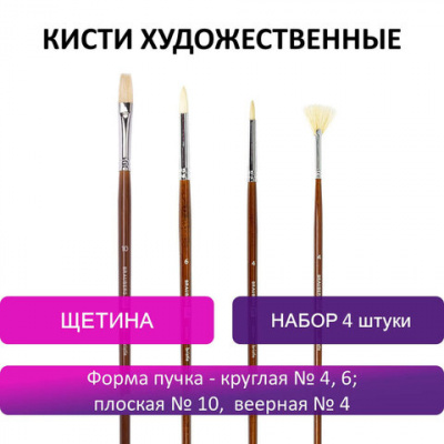 Кисти художественные BRAUBERG ART, набор 4 шт. (щетина круглая № 4, 6, плоская № 10, веерная № 4), 200945