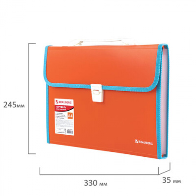 Папка-портфель пластиковая BRAUBERG "JOY", А4 (330х245х35 мм), 13 отделений, с окантовкой, оранжевая, 227975