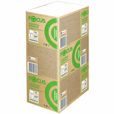 Полотенца бумажные 250 шт. FOCUS (Система H2) Eco, 1-слойные, белые, КОМПЛЕКТ 12 пачек, 24х21,5, Z-сложение, 5083814/5069958