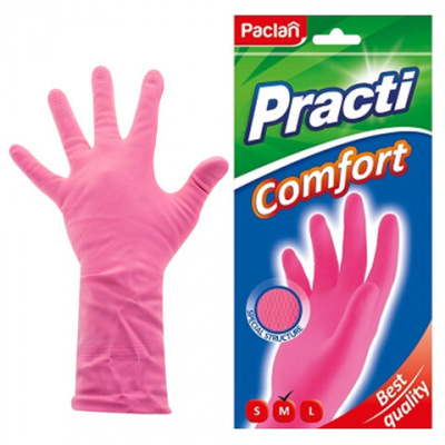 Перчатки МНОГОРАЗОВЫЕ латексные PACLAN "Practi Comfort", хлопчатобумажное напыление, размер 7,5-8, M (средний), розовые, вес 62 г, 407651
