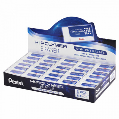 Ластик PENTEL (Япония) "HI-POLYMER ERASER", 35х16х11,5 мм, белый, прямоугольный, картонный держатель, ZEH-03