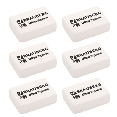 Ластики BRAUBERG "Ultra Square" 6 шт., размер ластика 29х18х8 мм, белые, натуральный каучук, 229603