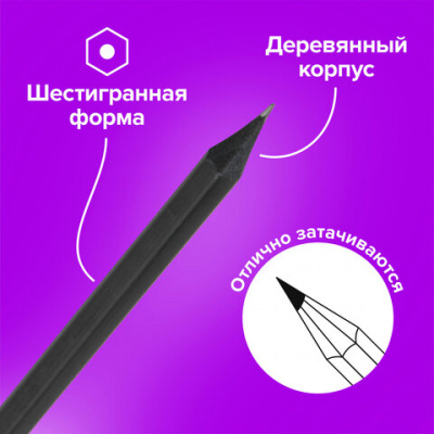 Карандаши чернографитные BRAUBERG НАБОР 12 шт., "Black Jack", 2Н-4В, без резинки, черные, дерево, заточенные, 180620