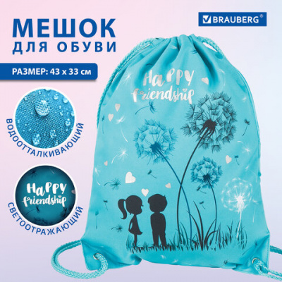 Мешок для обуви BRAUBERG PREMIUM, карман, подкладка, светоотражающие элементы, 43х33 см, "Happy friendship", 270745