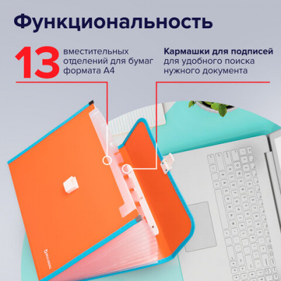 Папка-портфель пластиковая BRAUBERG "JOY", А4 (330х245х35 мм), 13 отделений, с окантовкой, оранжевая, 227975