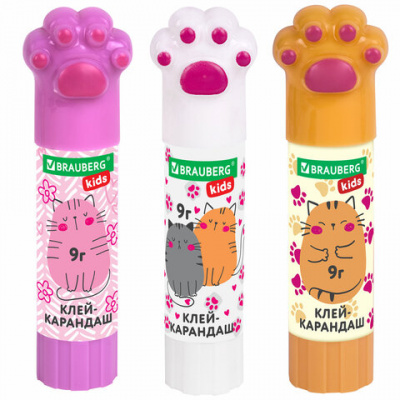 Клей-карандаш "Лапки" Cat Paw, 9 г, фигурный колпачок, 3 шт. на блистере, BRAUBERG KIDS, 271982