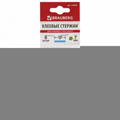 Клеевые стержни, диаметр 7 мм, длина 100 мм, белые, комплект 6 штук, BRAUBERG, европодвес, 670297