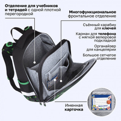 Ранец BRAUBERG PREMIUM, 2 отделения, с брелоком, "Кибер-паук", ЛАМПОЧКИ, 38х29х16 см, 273101