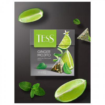 Чай TESS "Ginger Mojito" зеленый с ароматом мяты, цедрой лимона, имбирем, 20 пирамидок по 1,8 г, 0788-12