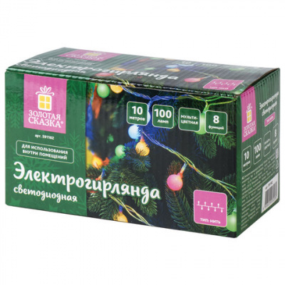 Электрогирлянда-нить комнатная 10 м, 100 LED, с насадками, вид: "Шарики", мультицветная, 220V, контроллер, ЗОЛОТАЯ СКАЗКА, 591102