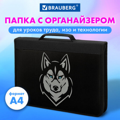 Папка на молнии BRAUBERG А4 с ручкой, с органайзером, 1 отделение, "Хаски", 271450