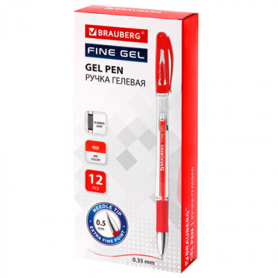 Ручка гелевая с грипом BRAUBERG "Fine Gel", КРАСНАЯ, игольчатый узел 0,5 мм, линия письма 0,35 мм, 141181