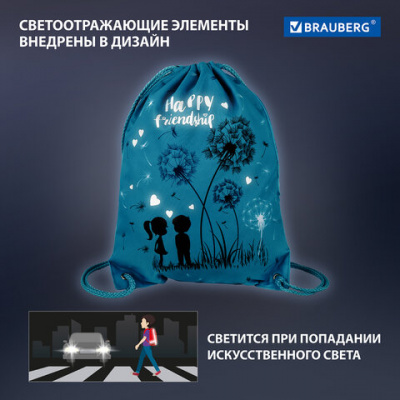 Мешок для обуви BRAUBERG PREMIUM, карман, подкладка, светоотражающие элементы, 43х33 см, "Happy friendship", 270745